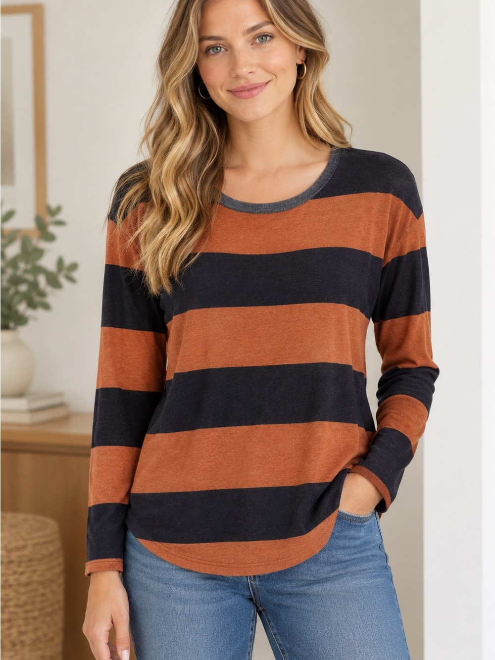 Design History Women’s Rust and Navy Wide-Stripe Long Sleeve Tee — Medium - Picture 1 of 8